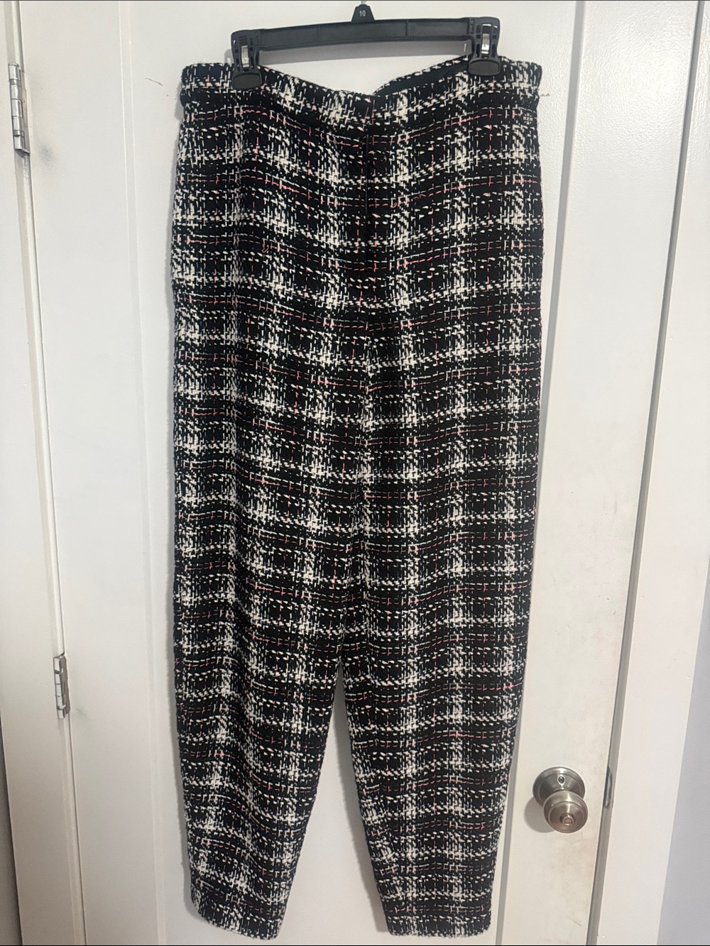 CHANEL Black & White Plaid Tweed Pants with Subtle Pink Accents